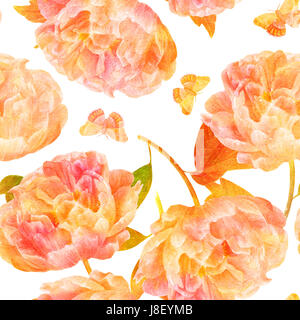 Un motif de fond transparent avec aquarelles de fleurs de pivoine rose fleurs et papillons, aux tons d'or Banque D'Images