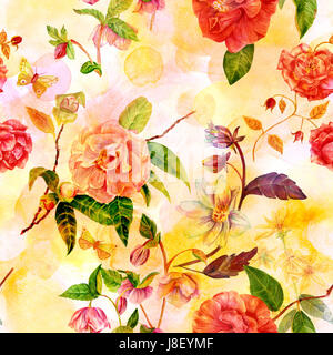Un style vintage motif de fond transparent avec fleurs Aquarelle dessiné à la main, y compris les roses, camélias, de graines hellébores, dahlias et autres, et de beurre Banque D'Images