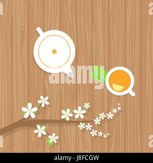 Thé théière et une branche de fleurs de la cerise sur une table en bois. Vector illustration . Illustration de Vecteur