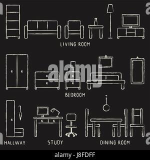 Vector hand drawn accueil mobilier contours icônes sur tableau noir. Illustration de Vecteur