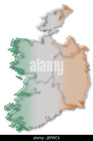 L'Irlande, carte, atlas, carte du monde, profile, symboliques, politiques, de couleur, de Banque D'Images