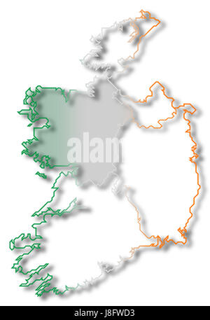 L'Irlande, carte, atlas, carte du monde, profile, symboliques, politiques, de couleur, de Banque D'Images