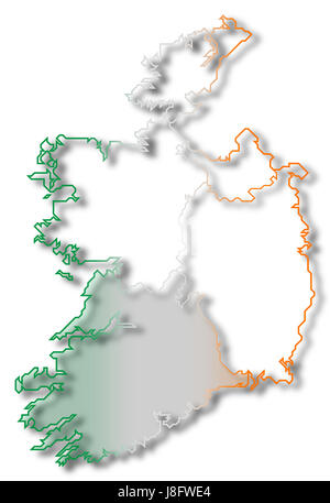 L'Irlande, carte, atlas, carte du monde, profile, symboliques, politiques, de couleur, de Banque D'Images