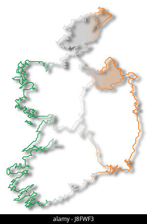 L'Irlande, carte, atlas, carte du monde, profile, symboliques, politiques, de couleur, de Banque D'Images