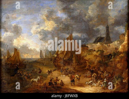 Lucas Smout le jeune était un peintre néerlandais connu pour ses paysages marins. 'La plage de Scheveningen' capture la scène balnéaire animée avec des gens et de l'activité, reflétant l'intérêt néerlandais pour la vie côtière au XVIIe siècle. Banque D'Images