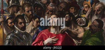 'El Expolio' d'El Greco, situé dans la cathédrale de Tolède, en Espagne, est un tableau célèbre représentant le moment où le Christ est dépouillé de ses vêtements. L'image détaillée met en valeur le pinceau complexe et l'intensité émotionnelle de la pièce. Banque D'Images