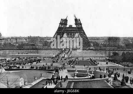 Cette image capture la construction de la Tour Eiffel en 1888. Le monument emblématique français a été construit dans le cadre des préparatifs de l’exposition universelle de 1889, mettant en valeur l’ingénierie industrielle et l’innovation architecturale. Banque D'Images