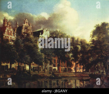 Le tableau de Jan van der Heyden « canal à Amsterdam » capture une vue sur les canaux emblématiques d'Amsterdam, mettant en valeur le paysage urbain et le patrimoine architectural du 17e siècle de l'cityÂ. Banque D'Images