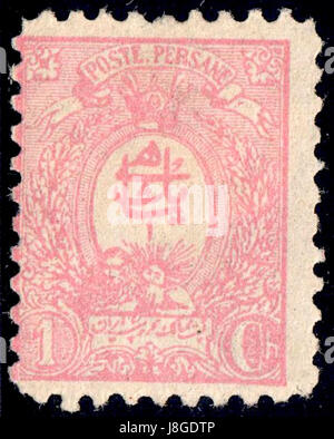 Ce titre fait probablement référence à un timbre iranien émis en 1889, identifié comme Sc73. Le timbre n'est pas utilisé, ce qui indique qu'il n'a pas été utilisé pour l'affranchissement. Son importance historique réside peut-être dans sa conception et son rôle dans l'histoire postale. Banque D'Images