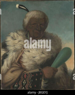 Le chef maori tatoué, visage, le port du Cap vert mat chien, simple et d'oreille, ca. 1870 Banque D'Images