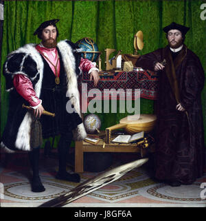 « Les Ambassadeurs » de Hans Holbein le jeune est un tableau célèbre de la Renaissance, représentant deux hommes entourés d'objets symboliques qui font allusion à des thèmes de la connaissance, de la diplomatie et de la mortalité, reflétant le talent de l'artiste dans le détail et le réalisme. Banque D'Images