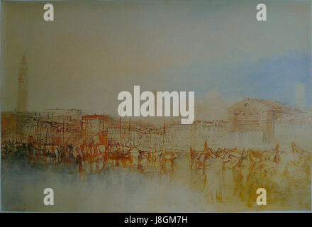 La peinture de Joseph Mallord William Turner, Rive des Esclavons, capture la beauté sereine de la rivière, mettant en valeur son utilisation caractéristique de la lumière et de la couleur pour créer des paysages atmosphériques. Banque D'Images