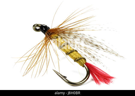 Pour la pêche à la mouche artificielle isolé sur fond blanc Banque D'Images
