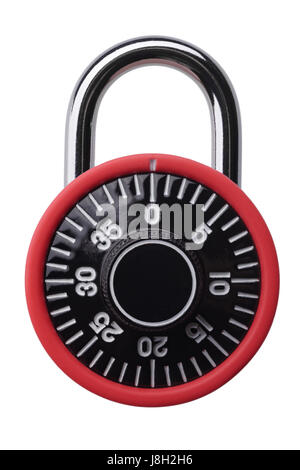 Objets isolés : petit cadenas à combinaison rouge, isolé sur fond blanc Banque D'Images