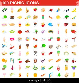 100 icons set de pique-nique, style 3D isométrique Illustration de Vecteur