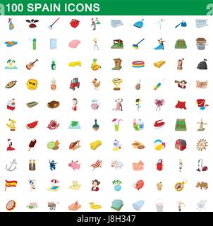 100 Espagne icons set, cartoon style Illustration de Vecteur