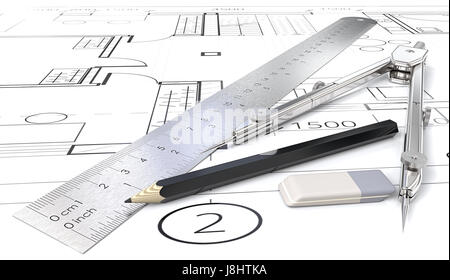 Plans générique , dessins et croquis. Règle, Crayon, gomme et de diviseur de métal. 3D render. Banque D'Images