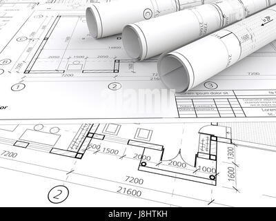 L'architecture générique des plans, des dessins et des croquis. 3 rouleaux. 3D render. Banque D'Images