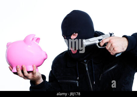 Banque, établissement de crédit, crise, financière, aux armes à feu, d'armes à feu, piggy, homme, banque, Banque D'Images