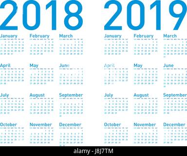 Calendrier bleu simple pour les années 2018 et 2019, dans les scénarios. Illustration de Vecteur