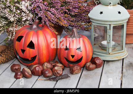 Lanterne, halloween, potiron, châtaignes, touchez, fir cone, saule, automne, automne, Banque D'Images