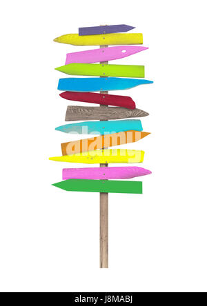 En bois coloré lumineux directionnel vierge plage signes sur pôle, isolé sur fond blanc Banque D'Images
