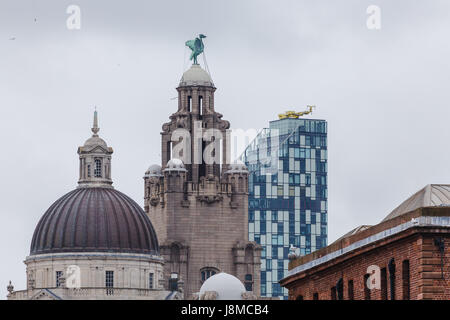 Vol de mouettes sur le front de mer de Liverpool sur un ciel nuageux la fin du printemps 24. Cela a été pris à partir de l'Albert Dock et comprend le port de Liverpool Bu Banque D'Images