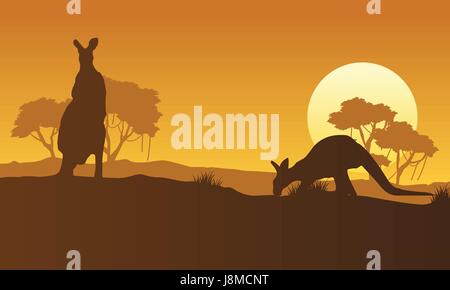 Sur la colline paysage kangourou silhouettes Illustration de Vecteur