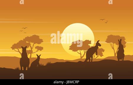 Sur la colline de kangourou silhouettes paysages Illustration de Vecteur