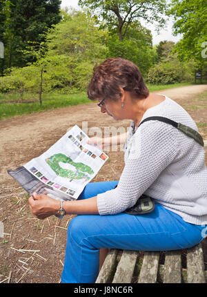 Femme mature la lecture d'un guide du parc. Banque D'Images