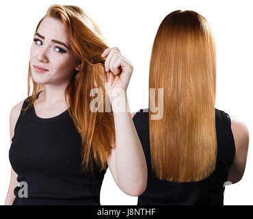 Les cheveux de la femme avant et après le traitement. Cheveux santé concept. Banque D'Images