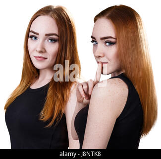 Les cheveux de la femme avant et après le traitement. Cheveux santé concept. Banque D'Images