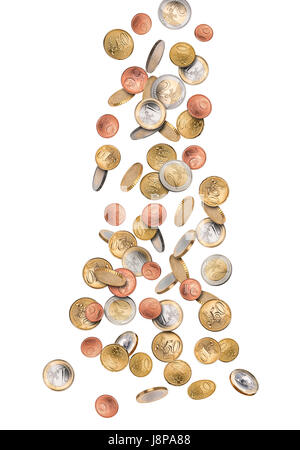 Pièces en euro de l'argent la pluie qui tombe du ciel isolé sur fond blanc financial business concept Réussite Banque D'Images