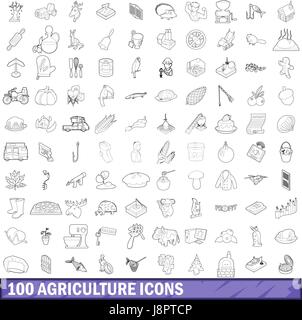 100 l'agriculture icons set style du contour, Illustration de Vecteur