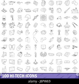 100 icons set hi-tech, style contour Illustration de Vecteur