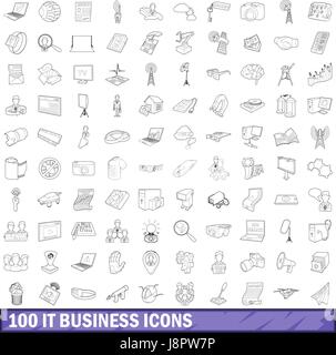 100 d'affaires il icons set style du contour, Illustration de Vecteur