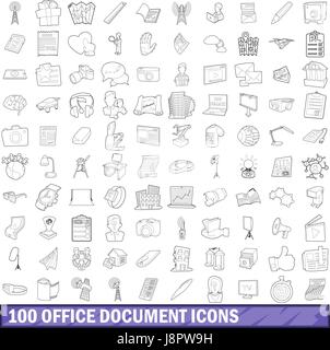 100 document office icons set style du contour, Illustration de Vecteur