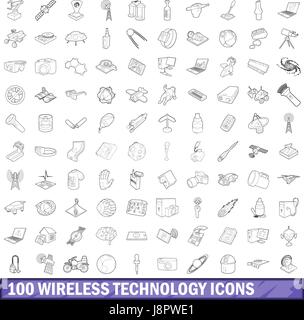 La technologie sans fil 100 icons set style du contour, Illustration de Vecteur