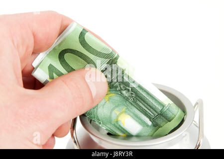 Main, doigt, euro, billet de banque, tirelire, argent, banque, établissement de crédit, Banque D'Images