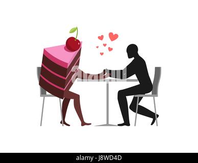 Amoureux de gâteaux. L'homme et la part de gâteau dans le café. Amants assis à table. Vie de gourmand Illustration de Vecteur