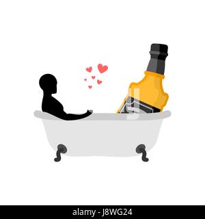 Boire de l'alcool amoureux. L'homme et la bouteille de whisky dans la baignoire. Le bain commun. Date romantique. Vie alcoolique Illustration de Vecteur