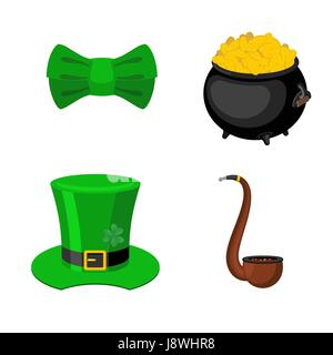 Le jour de rue Patrick icon set. Leprechaun accessoire. pot d'or et de pipes. Green Bow tie. Fête nationale en Irlande. La cuisine traditionnelle irlandaise Festiva Illustration de Vecteur