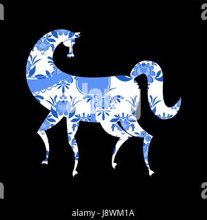 Gzhel cheval peint. L'artisanat folklorique national russe. Peinture décoration traditionnelle en Russie. Les fleurs et les feuilles de texture. Décor ethnique rétro Illustration de Vecteur