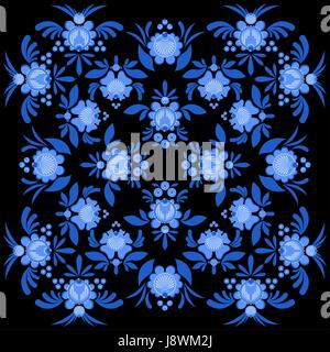 Motif peint Gzhel. Ornement Floral. L'artisanat folklorique national russe. Peinture décoration traditionnelle en Russie. Les fleurs et les feuilles de texture. Retro ethn Illustration de Vecteur