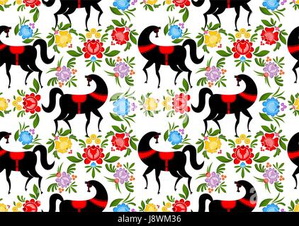 Peinture de Gorodets cheval noir et floral seamless pattern. National de l'artisanat folklorique russe L'ornement. Décoration traditionnelle peinture texture en Russie. Fl Illustration de Vecteur