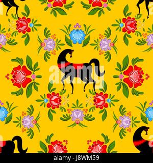 Peinture de Gorodets cheval noir et floral seamless pattern. National de l'artisanat folklorique russe L'ornement. Décoration traditionnelle peinture texture en Russie. Fl Illustration de Vecteur