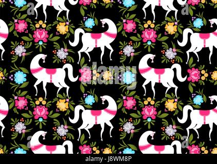 Peinture de Gorodets cheval noir et floral seamless pattern. National de l'artisanat folklorique russe L'ornement. Décoration traditionnelle peinture texture en Russie. Fl Illustration de Vecteur