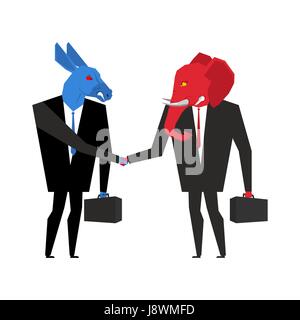 L'éléphant et le traiter d'âne. Démocrates et Républicains se serrer la main. Poignée d'hommes d'affaires. Accord entre les politiciens. Un animal dans un costume d'affaires Illustration de Vecteur