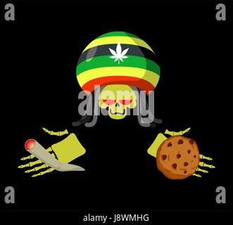 Cookies et offre la mort Rasta ou mixte spliff. Rasta dreadlocks crâne et béret. Pour Grim Reaper rastafariens. Démon de la Jamaïque un biscuit holding Illustration de Vecteur