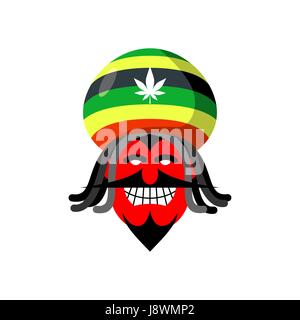 Rastaman diable. Chapeau Rasta et dreadlocks. Satan pour rastafariens. Red Devil en béret. Démon de la Jamaïque Illustration de Vecteur